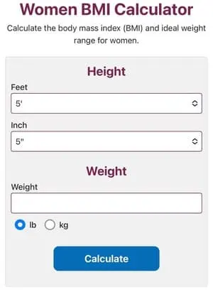 Women's BMI Calculator form with fields for height in feet and inches, weight input, and weight unit options in pounds or kilograms.