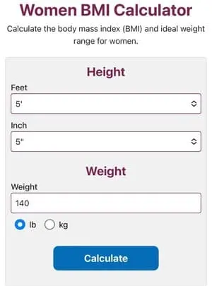 Women's BMI Calculator form with height set to 5 feet 5 inches and weight entered as 140 pounds.