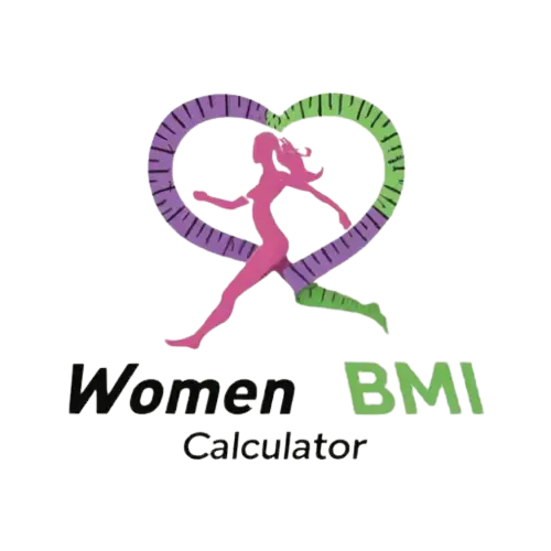 Women's BMI Calculator Logo featuring a silhouette of a woman running inside a heart-shaped measuring tape